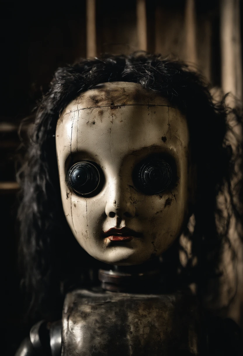 closeup dramatic face of abandoned roboarmillary doll in the old shop, photography nostalgic