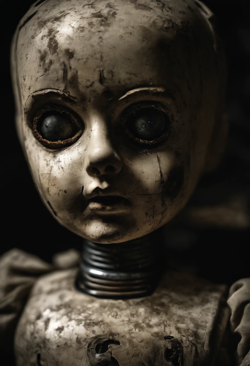 closeup dramatic face of abandoned roboarmillary doll in the old shop, photography nostalgic