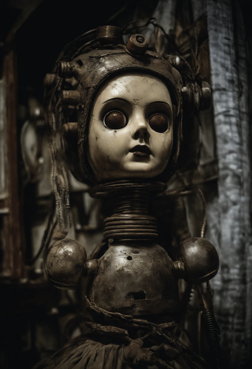 closeup dramatic face of abandoned roboarmillary doll in the old shop, photography nostalgic