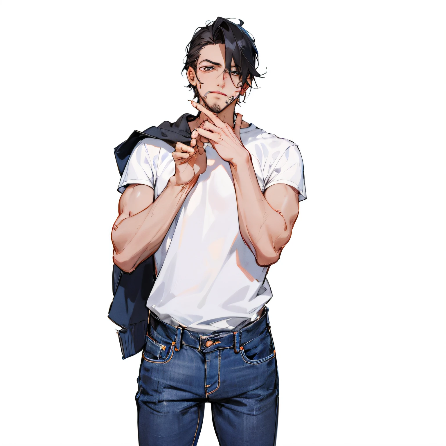 anime, dangerous, cool, Arafed man in white shirt and blue jeans posing with a jacket, junger mann mit kurzen, elegante Freizeitkleidung tragen, Junger spanischer Mann, Tragen eines Hemdes, Junger Grieche, Tragen im Hemd, Tragen Sie ein Hemd und eine Jeans, Legere Kleidung tragen, Sehr attraktiver Mann mit Bart, Mann in den 30ern, junger mann, mit, mittel-lang