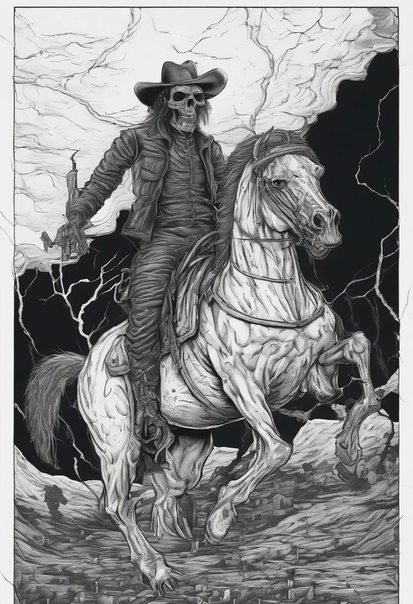 zombie riding horse,coloring book page,simple line art,crisp lines, ::no shading,poster for the band grisham, slimepunk, kidcore, psychedelic tableaux, grocery art, terrorwave, simple lines, macabre sublime ,white background,sticker design, bordered