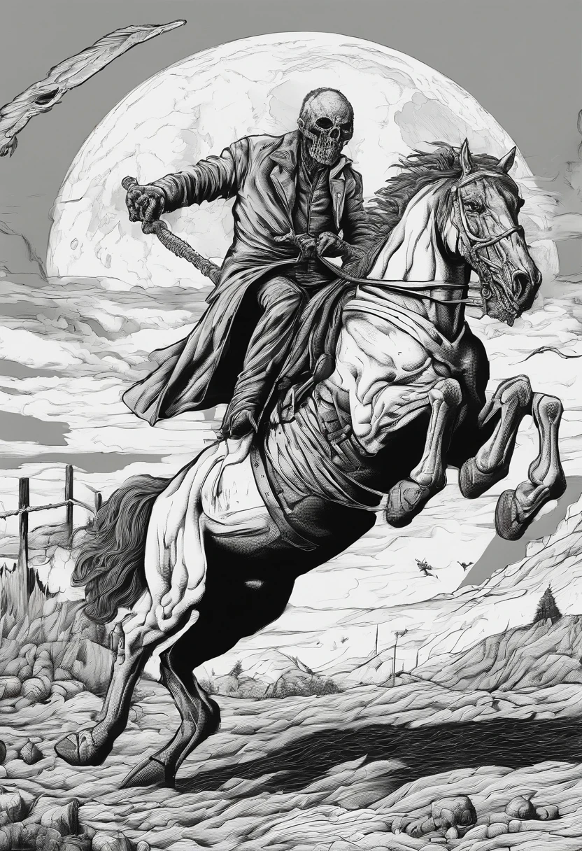 zombie riding horse,coloring book page,simple line art,crisp lines, ::no shading,poster for the band grisham, slimepunk, kidcore, psychedelic tableaux, grocery art, terrorwave, simple lines, macabre sublime ,white background,sticker design, bordered