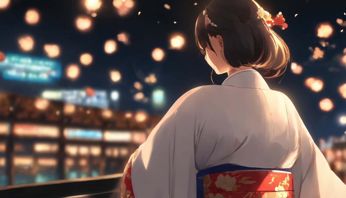 Absurd resolution, high resolution, (masterpiece: 1.4), super detailed, (1 woman: 1.3), (solo: 1.4), fireworks, short bob, short bob, kimono, looking back, closing eyes, smiling, light, Makoto Shinkai style, face super close-up, ultra-fine illustration, vivid colors, cinematic light, exciting light production, attention to detail, vivid colors, hairpins, kimono, big side breasts, looking back, happy, smile, from below,