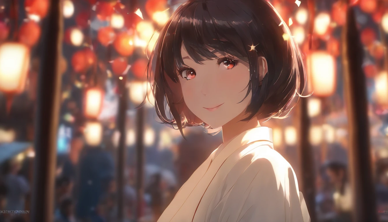 Absurd resolution, high resolution, (masterpiece: 1.4), super detailed, (1 woman: 1.3), (solo: 1.4), fireworks, short bob, short bob, kimono, looking back, closing eyes, smiling, light, Makoto Shinkai style, face super close-up, ultra-fine illustration, vivid colors, cinematic light, exciting light production, attention to detail, vivid colors, hairpins, kimono, big side breasts, looking back, happy, smile, from below,