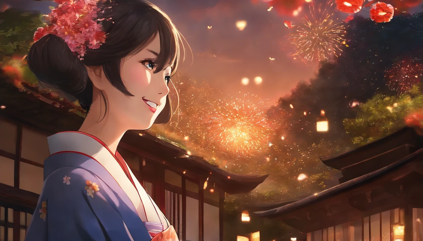 Absurd resolution, high resolution, (masterpiece: 1.4), super detailed, (1 woman: 1.3), (solo: 1.4), fireworks, short bob, short bob, kimono, looking back, closing eyes, smiling, light, Makoto Shinkai style, face super close-up, ultra-fine illustration, vivid colors, cinematic light, exciting light production, attention to detail, vivid colors, hairpins, kimono, big side breasts, looking back, happy, smile, from below,