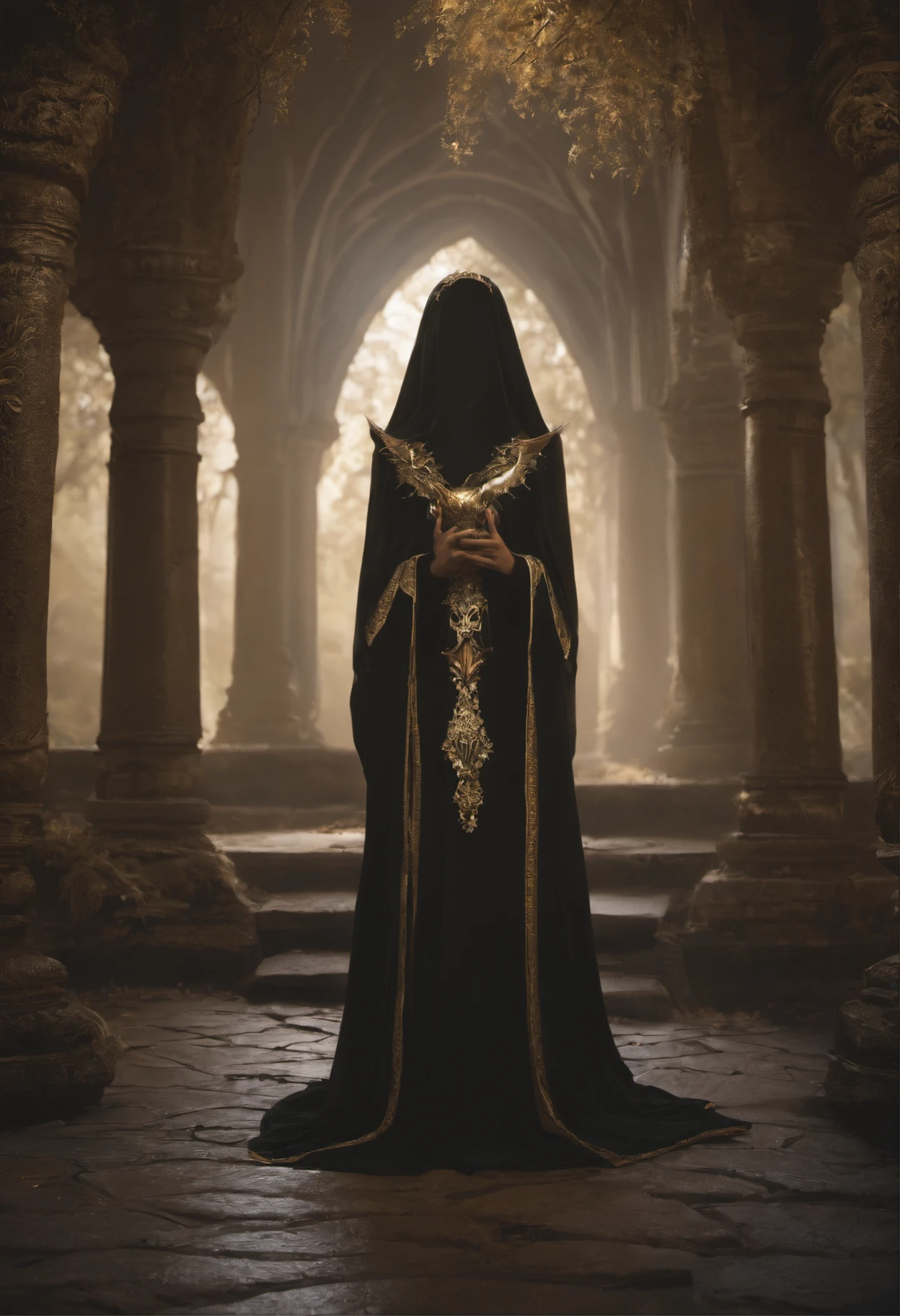 master part, best quality, ultra high-resolution, Beautiful, visualmente deslumbrante, elegante, incredible details,  Arte premiada,  G0S1, ghost,Hood,capa rasgada,  Anonymous,     Natureza, Floresta, Noite, mistborn, night sky,     1girl, sozinho, , Sem humanos, (nine golden chalices on the ground)