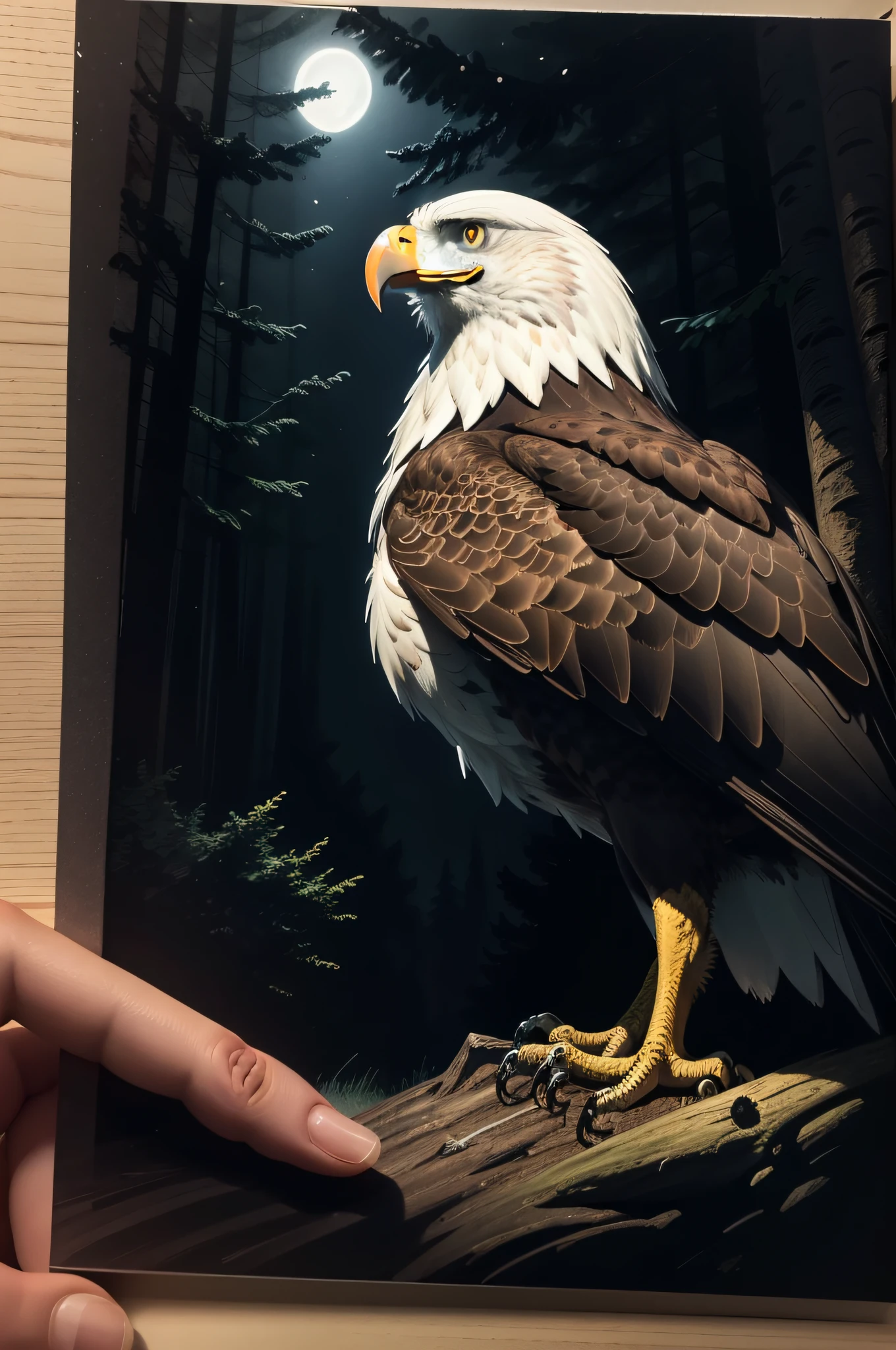 drawing eagle at night, in a dark forest, with dark tones, realistic, black eagle, comic book style