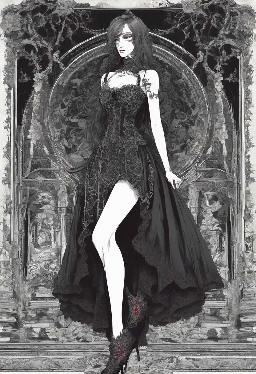 Carmine skirt. Muscular legs.