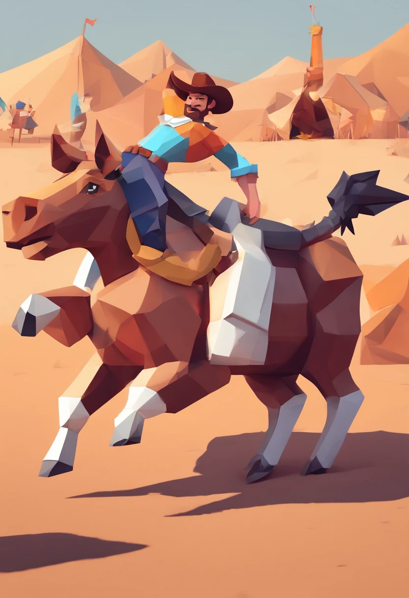 Create a 2D illustration of a brave cowboy riding a mechanical bull as the crowd cheers around. The cowboy must be wearing a worn-out cowboy hat, a plaid shirt and jeans. The mechanical bull should be shown with bright red eyes, chifres prateados e uma pintura de fogo em todo o corpo. The crowd should be made up of excited and excited people, usando roupas de rodeio e segurando cartazes de apoio. The setting may include a large stage with floodlights and an arena filled with sand. Let your imagination flow and create a scene full of energy and emotion!