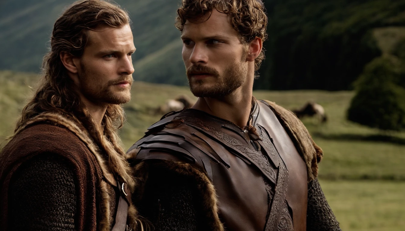 Retrato de um guerreiro viking, Armadura blindada no ombro de pedra , Jamie Dornan, muito bonito e forte, forte e musculoso, bronzeado e forte, cabelos curtos escuros, bravo guerreiro, Parecido com o ator Jamie Dornan, em frente a uma aldeia em chamas, Cliffs, fechar para cima, Postura e atitude de ataque.