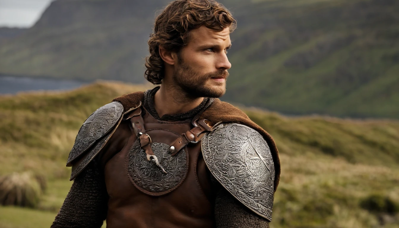 Retrato de um guerreiro viking, Armadura blindada no ombro de pedra , Jamie Dornan, muito bonito e forte, forte e musculoso, bronzeado e forte, cabelos curtos escuros, bravo guerreiro, Parecido com o ator Jamie Dornan, em frente a uma aldeia em chamas, Cliffs, fechar para cima, Postura e atitude de ataque.