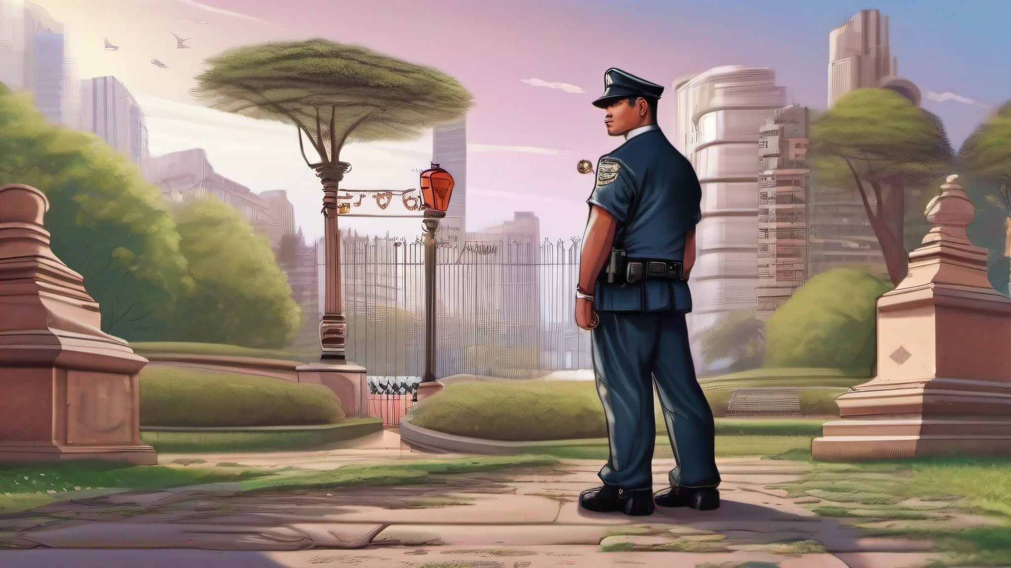 Image of a property security guard, wearing uniform and identification, Patrolling a public place. The vigilante should be wearing a radio in his hand and should be looking at the horizon. The background of the image should be a park or square