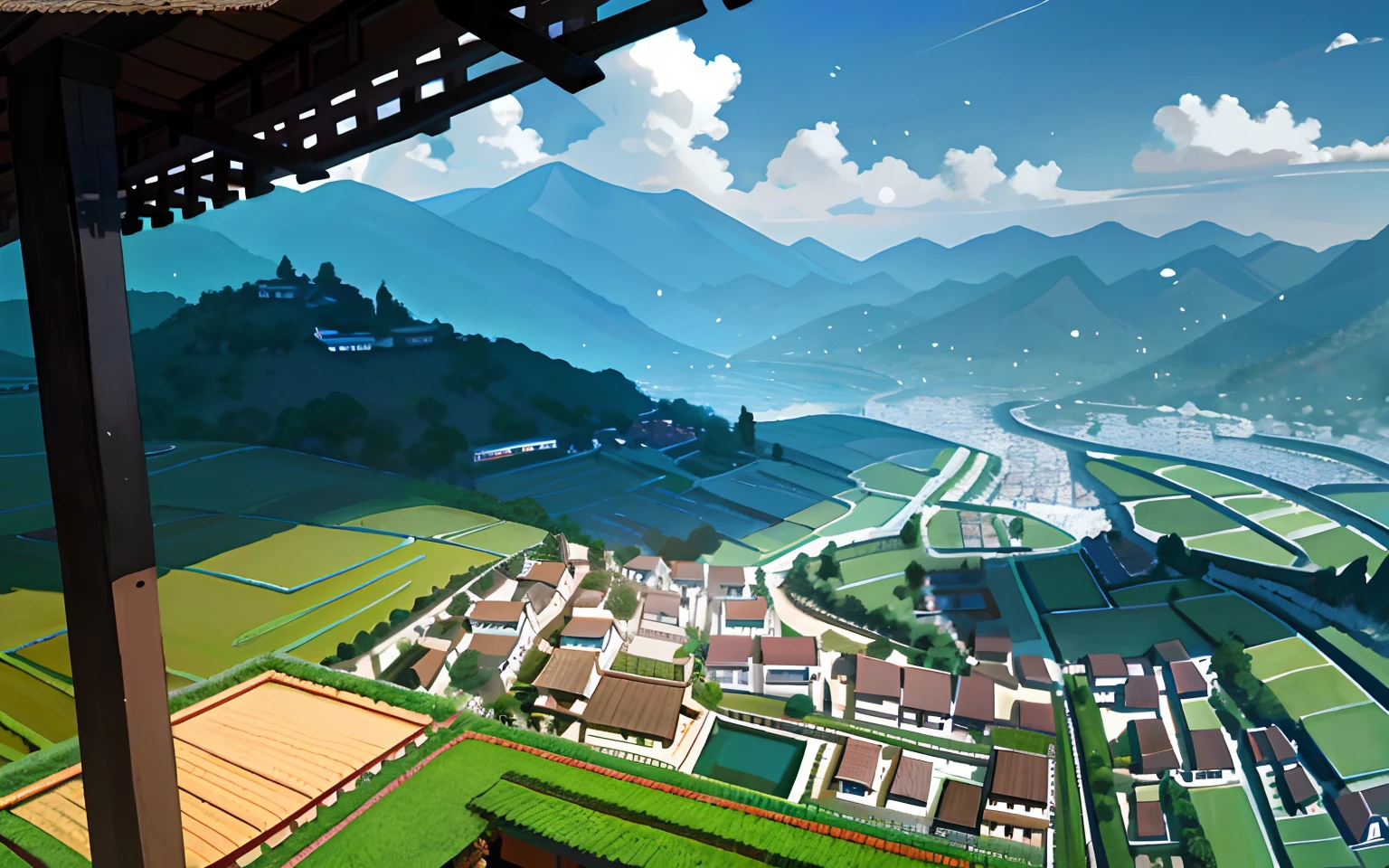 Alafid view of a village on the hill,There is a valley in the foreground, Chinese village, dreamy Chinese towns, Village, Chinese landscape, author:Yang Borun, Taoist, staggered terraces, author:Zou Zhe, guangjian, ricefield, bian luan, author:Shi Rui, author:Li Zai, Valle encantador, Picturesque, old asian village