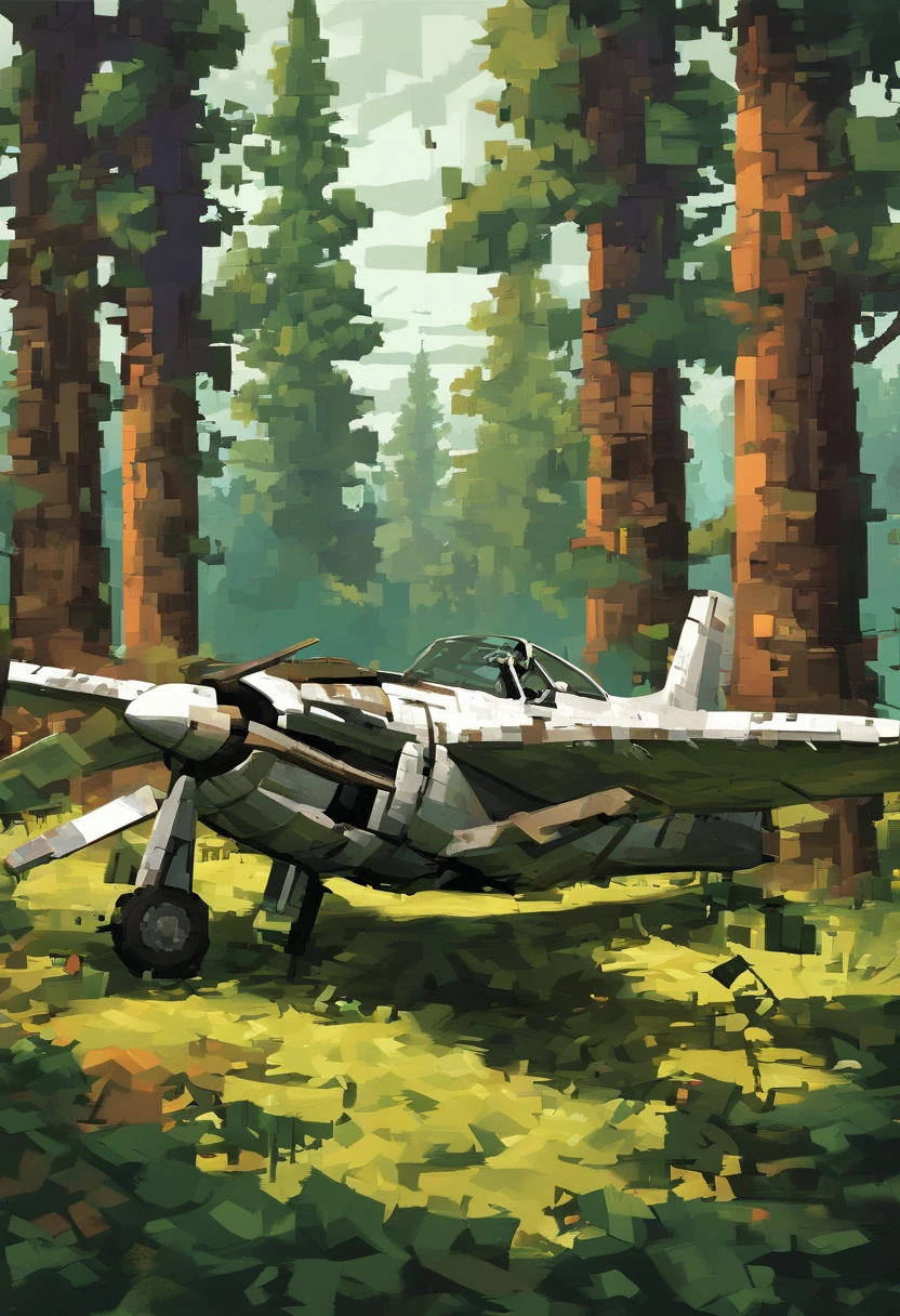 a severely damaged vintage silver P51 Mustang wreckage in a New Hampshire dense lush pine forest, P51 is badly damaged derelict wreckage that crashed in the pine forest, it is covered with overgrown vegetation, landing gear is destroyed, wheels smashed, eerie, moody, scary, frank frazetta, painting