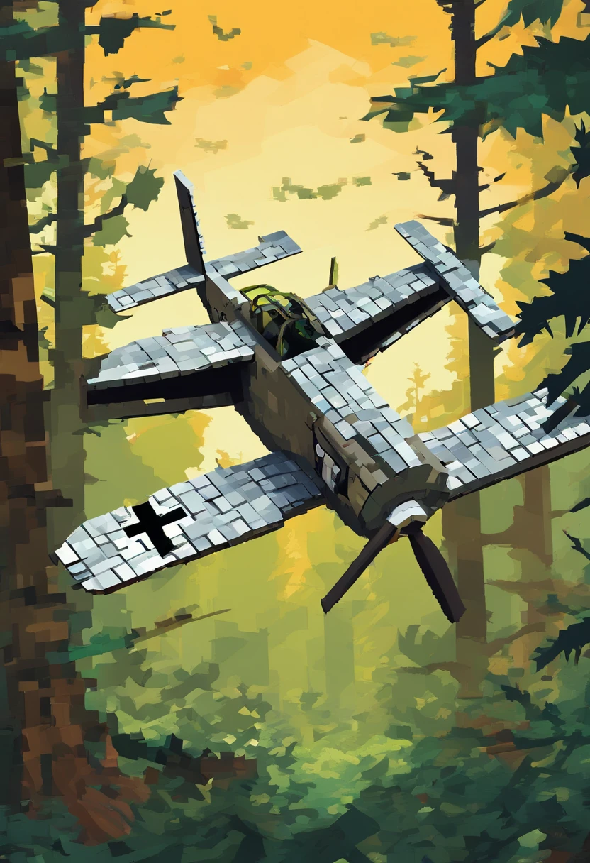 a severely damaged vintage silver P51 Mustang wreckage in a New Hampshire dense lush pine forest, P51 is badly damaged derelict wreckage that crashed in the pine forest, it is covered with overgrown vegetation, landing gear is destroyed, wheels smashed, eerie, moody, scary, frank frazetta, painting