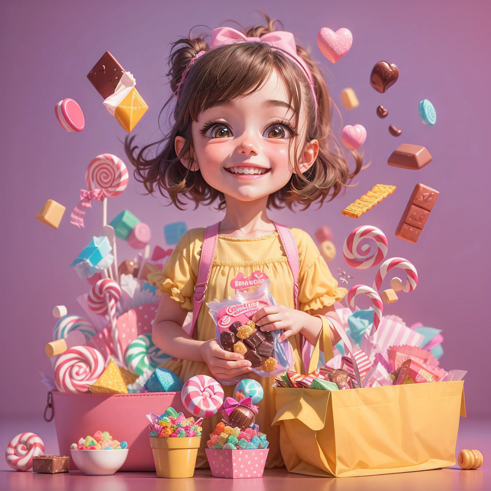 very cute happy girl with a pink bow holding a bag of candy, smiling, flying candies, ((chocolates)), gummy bears, lollipops, 3d render, kawaii hq render, cinema 4d colorful render, adorable, pixar, sharp, simple purple background