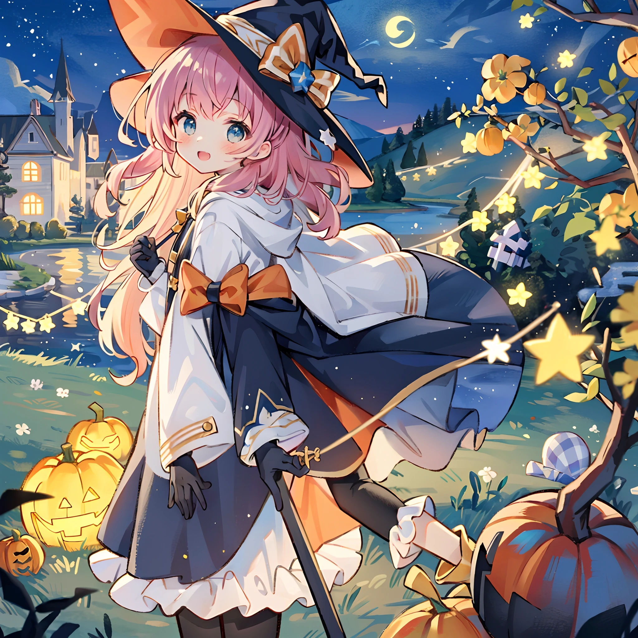 ((masterpiece:1.2, best quality)), 1girl, solo, (witch hat), a close up of a girl with curly hair, dress, aurora, night, star (sky), gloves, sky, dress, night sky, open mouth, starry sky, light blue eyes, ribbons, smile, cape, colorful hair, magic, casting spell, night, (impressionism:1.4), alphonse mucha, Halloween colors, colorful candy, magical lights, pumpkins, candies