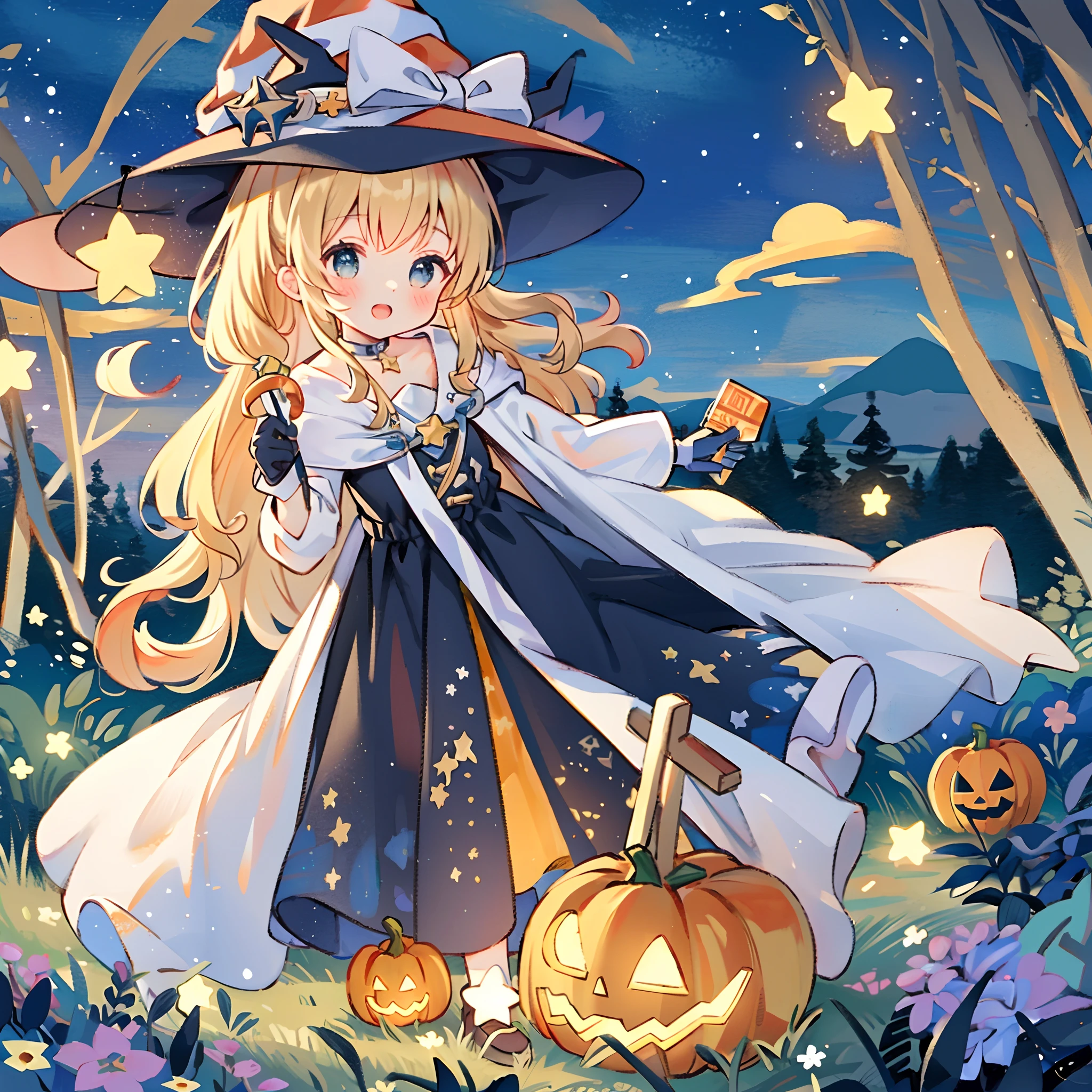 ((masterpiece:1.2, best quality)), 1girl, solo, (witch hat), a close up of a girl with curly hair, dress, aurora, night, star (sky), gloves, sky, dress, night sky, open mouth, starry sky, light blue eyes, ribbons, smile, cape, colorful hair, magic, casting spell, night, (impressionism:1.4), alphonse mucha, Halloween colors, colorful candy, magical lights, pumpkins, candies
