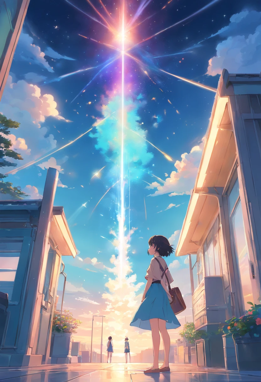 someone is standing with object with a sky background, anime art nouveau cosmic display, concept art magical highlight, official artwork, anime fantasy artwork, high detailed official artwork, pixiv contest winner, trending on artstation pixiv, anime fantasy illustration, official anime artwork,