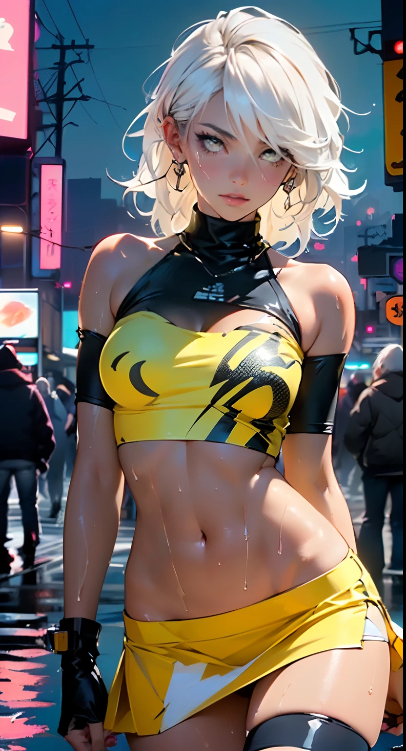 dark skin,very dark skin,dark_skin,
girl rave,(((1girl))),((girl with extremely cute and beautiful white hair)),

(large breasts:1.4),saggy breasts,(((white hair:1.35,straight hair,long hair:1.4,colored inner hair,ear breathing))),((very light yellow eyes:1.3,upturned eyes:1.3,perfect eyes,beautiful detailed eyes,gradient eyes:1,finely detailed beautiful eyes:1,symmetrical eyes:1,big highlight on eyes:1.2,vibrant color eyes:1.5)),((fat)),((((black girl,black skin,dark-skinned_female,dark skin:1.3,ebony skin,lustrous skin:1.5,bright skin: 1.5,shiny skin,very shiny skin,shiny body,plastic glitter skin,exaggerated shiny skin,shiny skin like ebony,illuminated skin, wet legs))),(spider lower abdomen,narrow waist,wide hip,athletic body,inflated legs,delicate detailed fingers,detailed body,human hands,(detailed face)),

cute,slutty,seductive,erotic,(((nsfw))),

zettai ryouiki,revealing clothing,show skin,((rave shirt with an yellow print,rave mini-skirt,visible thong straps)),(wearing a rave outfit:1.3,rave clothes,semi-naked,with little clothing),((wet clothes,detailed outfit,detailed clothes)),

(dynamic pose:1.0),solo focus,embarrassed,(centered,scale to fit dimensions,Rule of thirds),

cyberpunk city by the ocean at night, with bright neon signs and dark stormy clouds and puddles,

High resolution, sharp focus, (ultra detailed, extremely detailed), (photorealistic artwork:1.37), 8k wallpaper,((synthwave background theme)),((vibrant colors)),(intricate),masterpiece,(best quality),