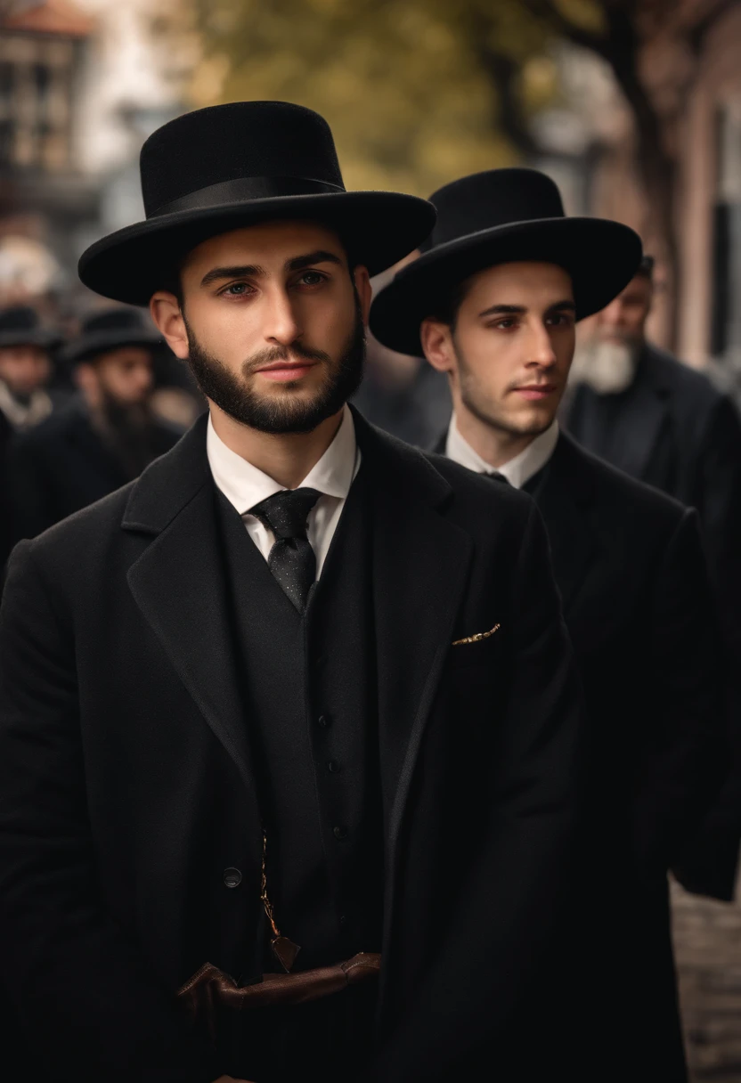 orthodox jews,jewish town,sunny day,faces of the characters,best quality,ultra-detailed,realistic,portrait,studio lighting,vivid colors,warm tone,bokeh