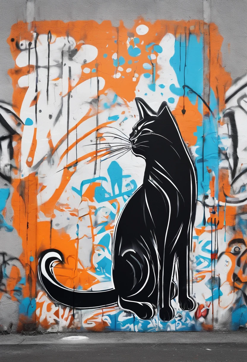 Black cat in white and blue background, urban art, 3d