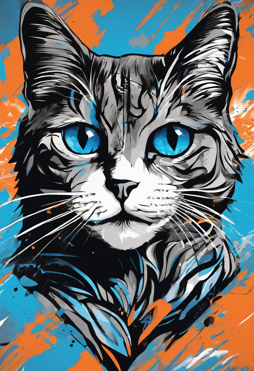 Black cat in white and blue background, urban art, 3d