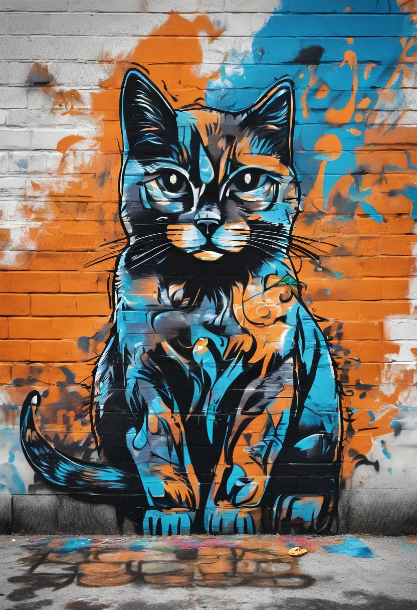 Black cat in white and blue background, urban art, 3d