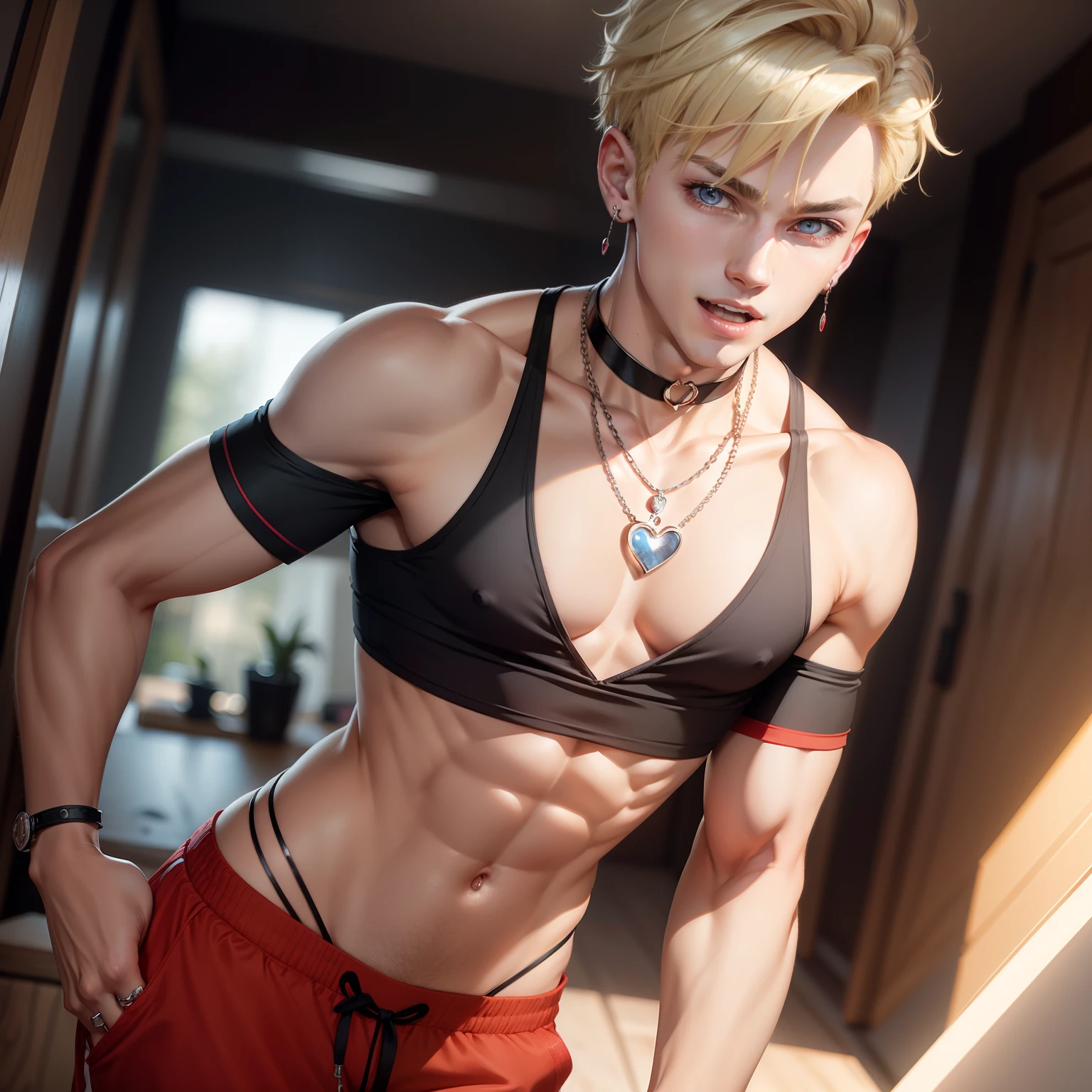 Bra Top, blonde guy, Jewelry, Ring, Blonde hair, Solo, Red heart symbol, earrings, Red Eyes, Looking at the viewer, Red Nails, Short hair, Undercut, A smile, One Boy, Necklace, Open mouth, Male Focus, Jersey pants, Navel, Choker, off shoulders