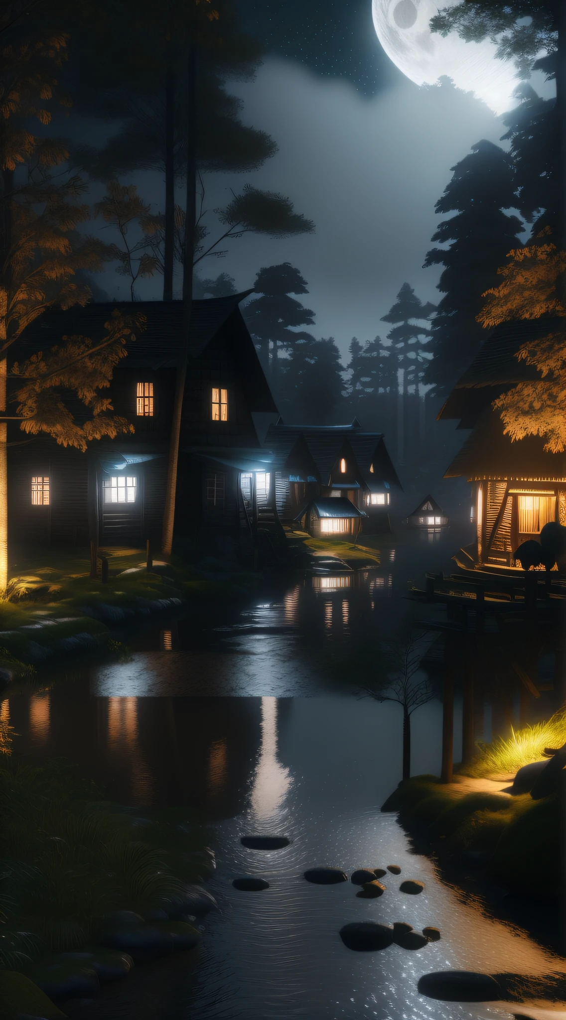 Night view of the river passing through the forest,There are houses and full moons, village in the woods, villages , illusory engine, realistic photo of a town, nightime village background, hideen village in the forest, night time render, realistic fantasy rendering, rainy days. game render, rendered in cryengine, Japanese village, rendered in unreal engine 4 k hq