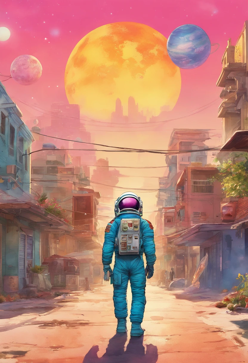 watercolor image of an astronaut standing in a miniature town, he is walking on a street in the middle of town, the background sky is earth and smaller planets, in the theme of sci-fi, in the style of vicente romero