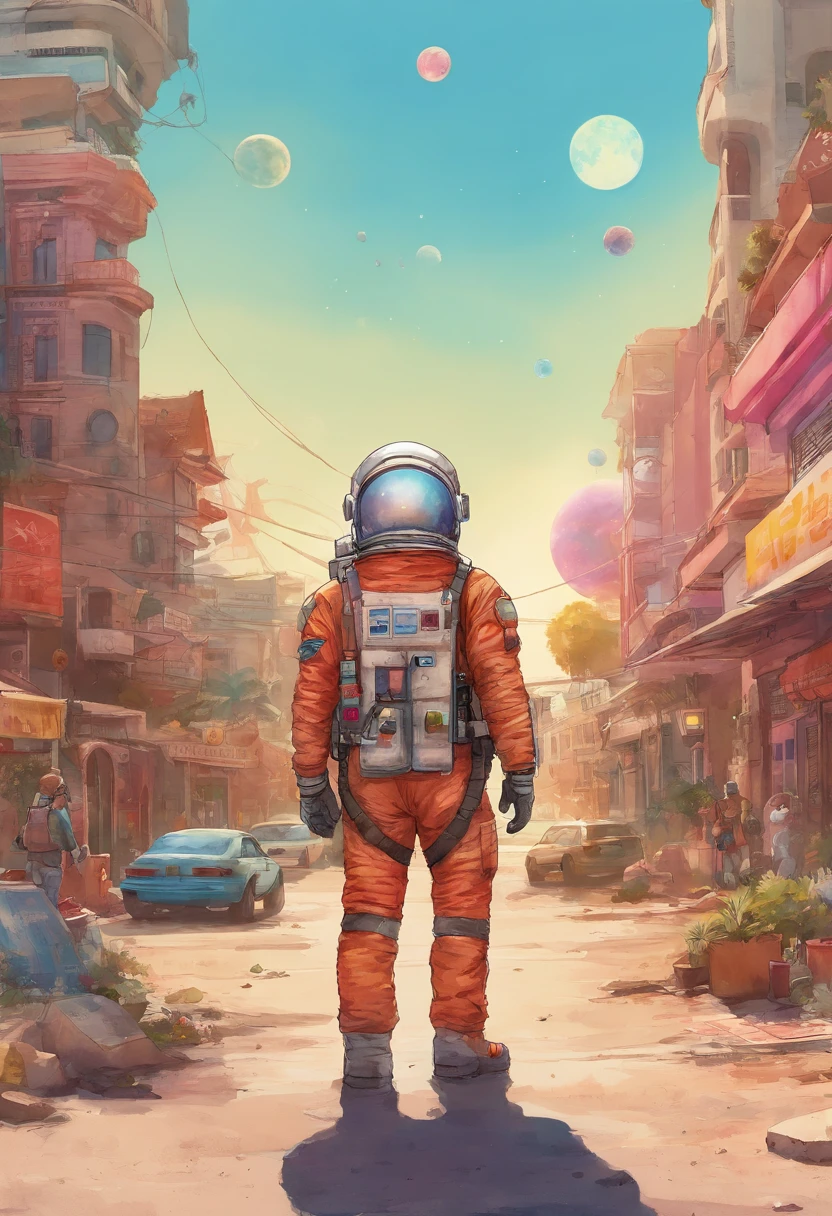 watercolor image of an astronaut standing in a miniature town, he is walking on a street in the middle of town, the background sky is earth and smaller planets, in the theme of sci-fi, in the style of vicente romero