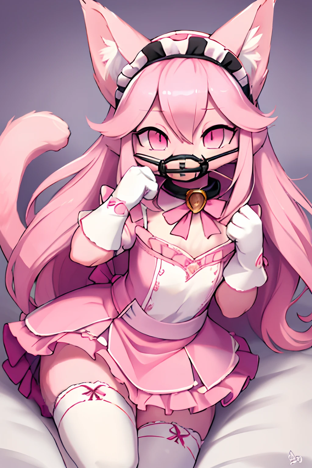 Master piece, perfect, highly detailed, (little hibryd anthro cat femboy), fluffy pink fur, ((pink eyes)), ((1))fluffy cat tail, pink long hair, tiny chest, (pink cat ears), wearing a pink collar, pink maid dress, silk white gloves, silk white thighhigh socks, wearing a pink muzzle, truemuzzle, eyesgod, niji, eyesgod, niji,