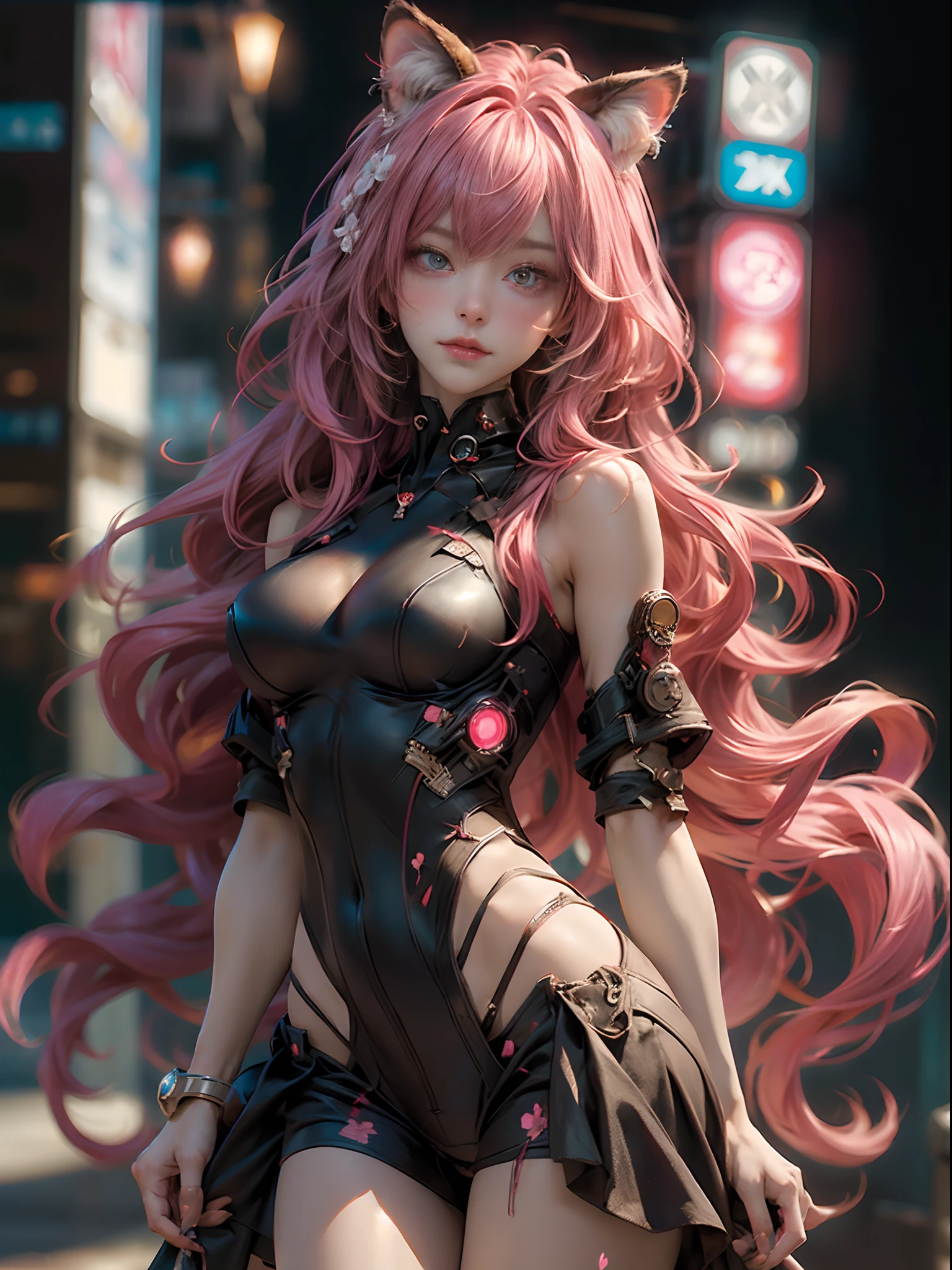 ((best quality), ((masterpiece)), beautiful ((cyberpunk female anime catgirl)),hdr(HighDynamicRange), depth of fields,maximum definition and sharpness,Many-Layer Textures,Surface coloring, raw data, Cute face,Sweet girl,Artistic sense,Casual wear, butterflys,Cherry blossom petal,Beautiful hair accessories,Long hair and waist,shapeless hair,pink fox ears, Dynamic pose, super complex detail, Intricate details, holograph, Cowboy shot, Golden ratio, Super cute girl, Neon light ring, Delicate and beautiful face, Nice sexy body, Slim body, Perfect body, Wear magical underwear, Celestial hair accessories, High detail, Artistic germ style, Art germ. anime illustration, art-style, artgerm art, Style Artgerm,Artgerm Plat,anime girl with pink hair and cat ears posing for a picture, Guviz, Guviz-style artwork, Extremely detailed Artgerm, Guweiz on ArtStation Pixiv, Guweiz in Pixiv ArtStation, trending on cgstation, beautiful anime catgirl, cinematic lighting.