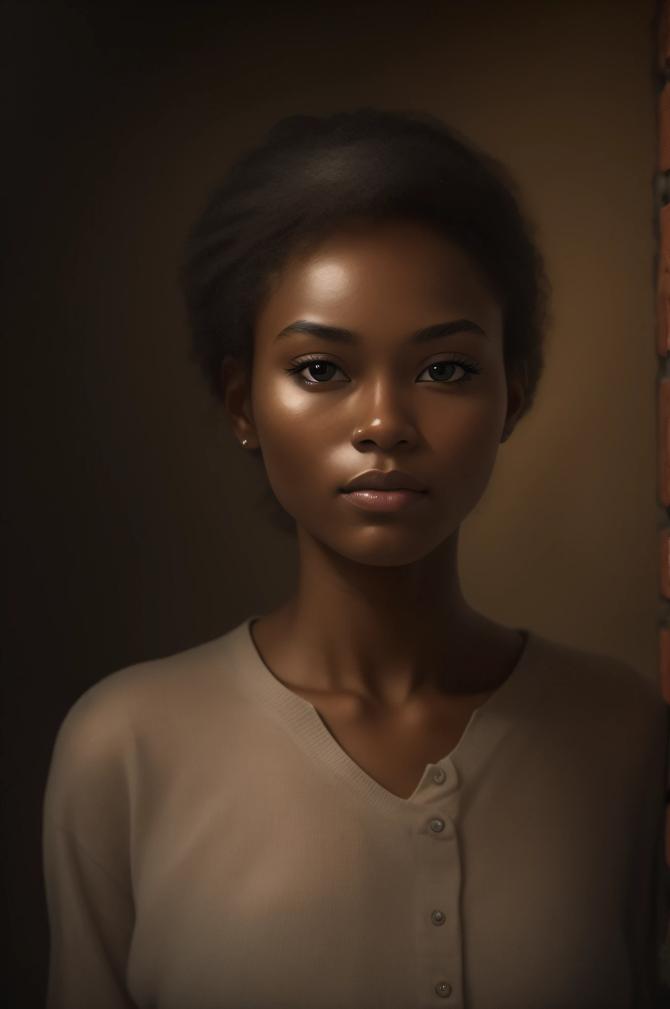 wise-looking female, a straight face, looking in front, with real skin color, dark background, American women