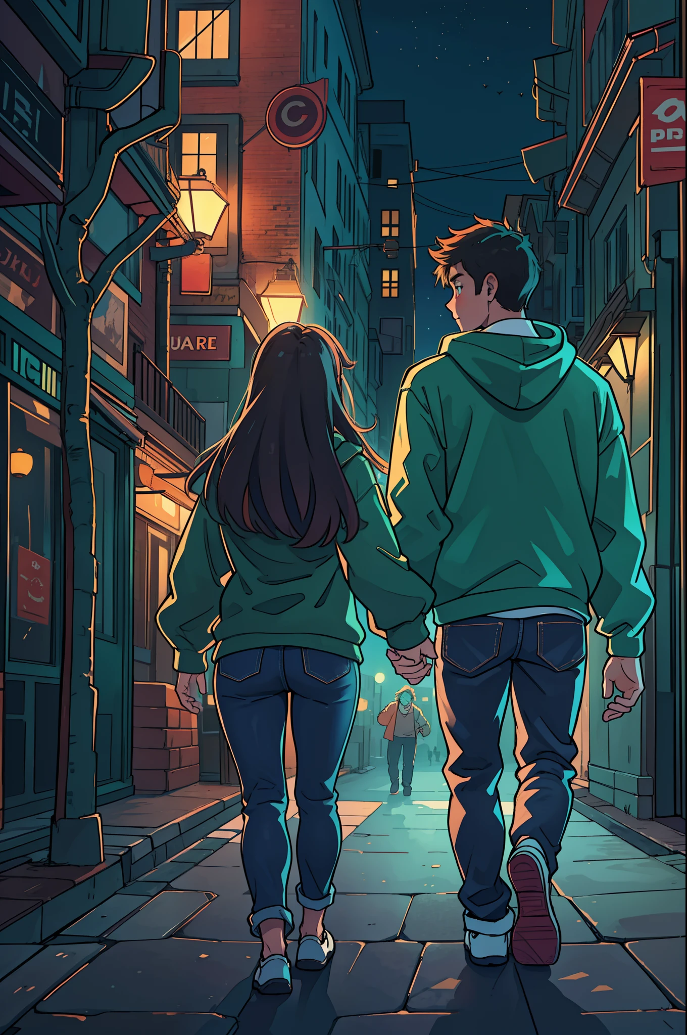 A boy and a girl, holding hands, with other girls watching them. Jealousy is in the air as they walk through the city at night. This is a mature love, full of emotions and intensity. The boy is wearing a black hoodie and blue jeans, while the girl is wearing a green top. The artwork should have the best quality, with ultra-detailed and realistic features. The lighting should capture the vibrant colors and the atmosphere of the city at night.