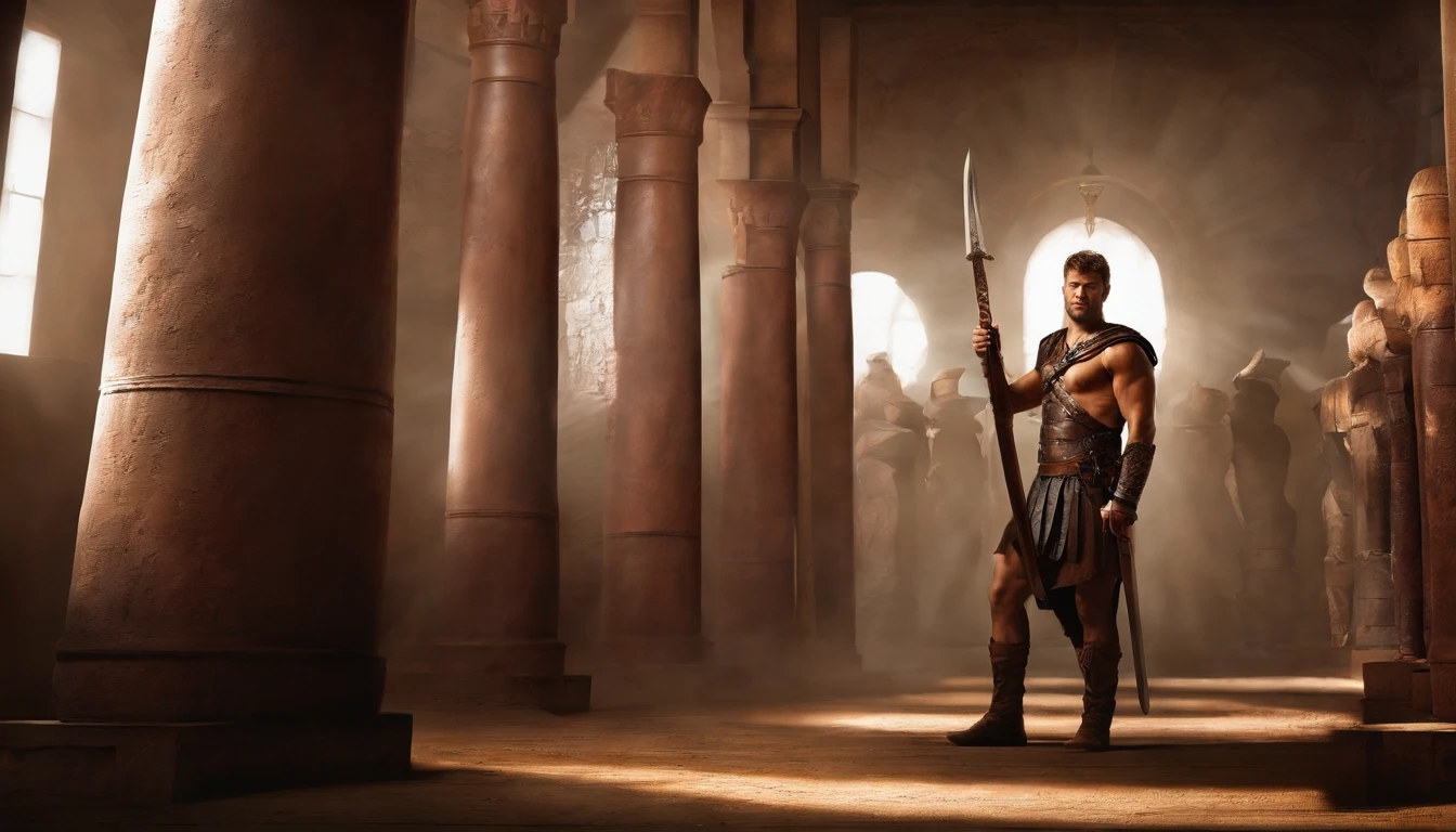 spartacus training on little gladiators school, wood sword, high detailed, concept art, LIKE ACTOR Liam McIntyre