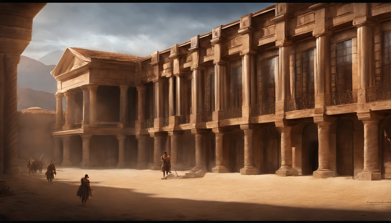 spartacus training on little gladiators school, wood sword, high detailed, concept art, LIKE ACTOR Liam McIntyre