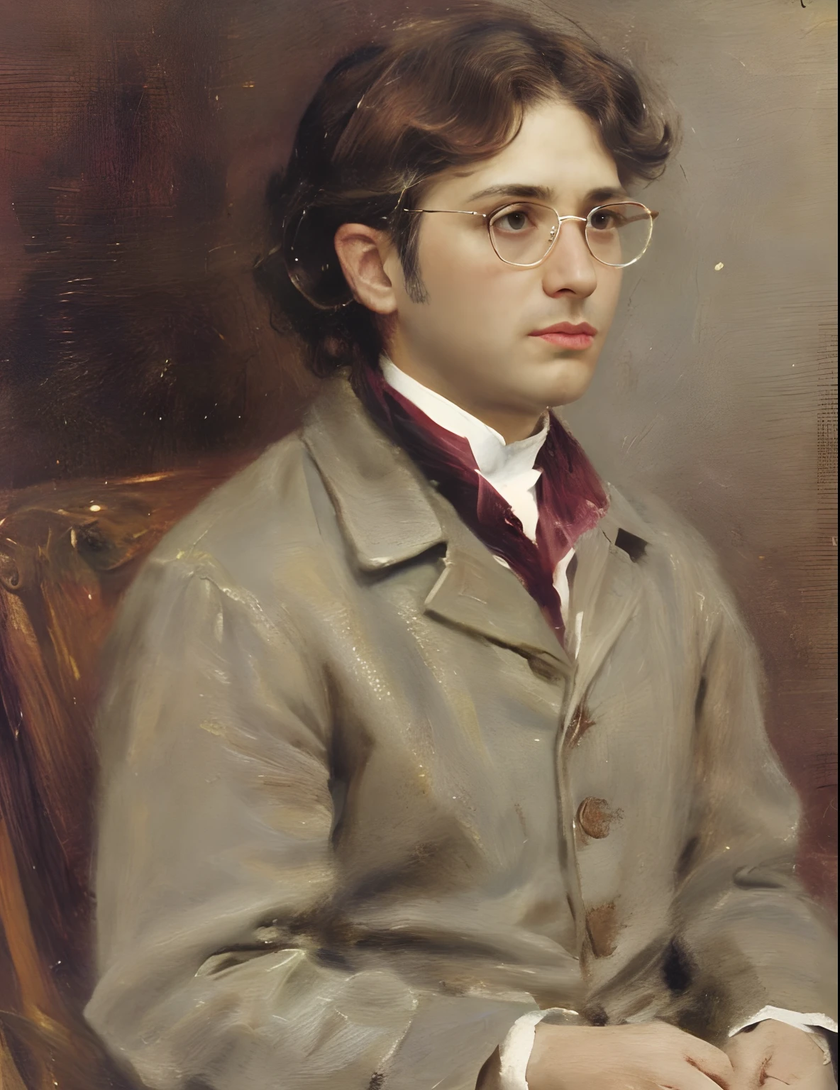 oil painting, Young, ((30 year old 1man)), 19th century poet, 1800s clothing, watercolour oil painting, brown hair, ((sideburns)), close up portrait, grey coat, realistic, detailed, sitting, glasses