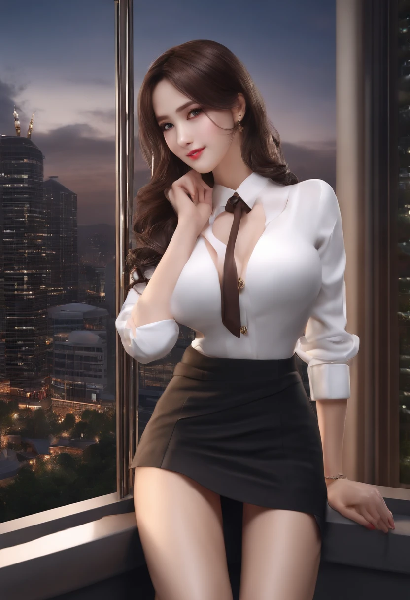 ((Best Quality, 8K, masutepiece :1.3)), Whole body, Sharp Focus :1.2, A pretty woman with perfect figure :1.4, Slender Abs :1.2, ((dark brown hair, Big breasts :1.2)), Body dress :1.1, (Night City View, Modern balcony :1.1), Highly detailed face and skin texture, Detailed eyes, 二重まぶた, Small bust, OL Uniform, Office wear, White shirt, Exposed cleavage, (Black pantyhose), (), Interior Scene, Office、Sauce order、a smile、