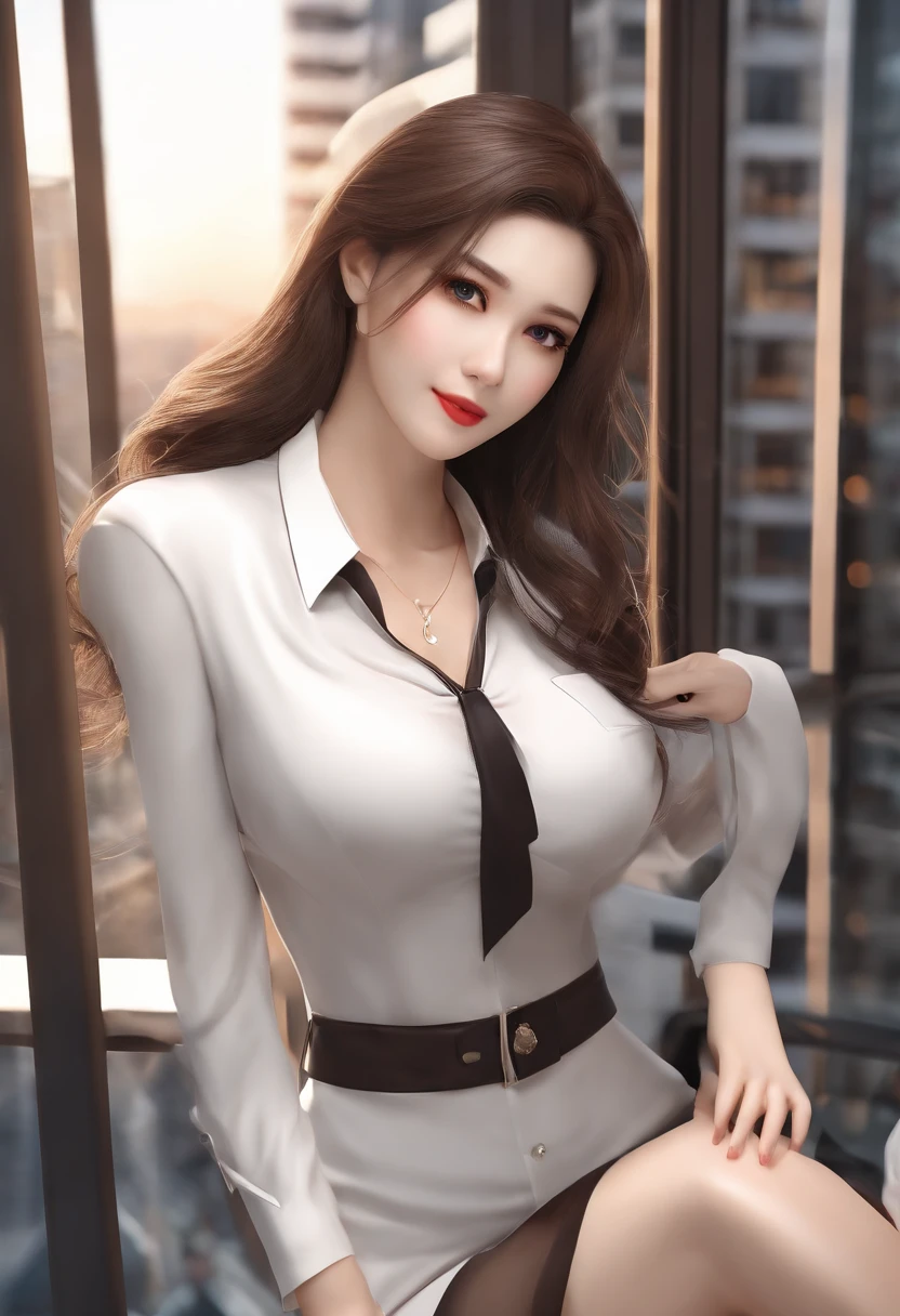 ((Best Quality, 8K, masutepiece :1.3)), Whole body, Sharp Focus :1.2, A pretty woman with perfect figure :1.4, Slender Abs :1.2, ((dark brown hair, Big breasts :1.2)), Body dress :1.1, (Night City View, Modern balcony :1.1), Highly detailed face and skin texture, Detailed eyes, 二重まぶた, Small bust, OL Uniform, Office wear, White shirt, Exposed cleavage, (Black pantyhose), (), Interior Scene, Office、Sauce order、a smile、