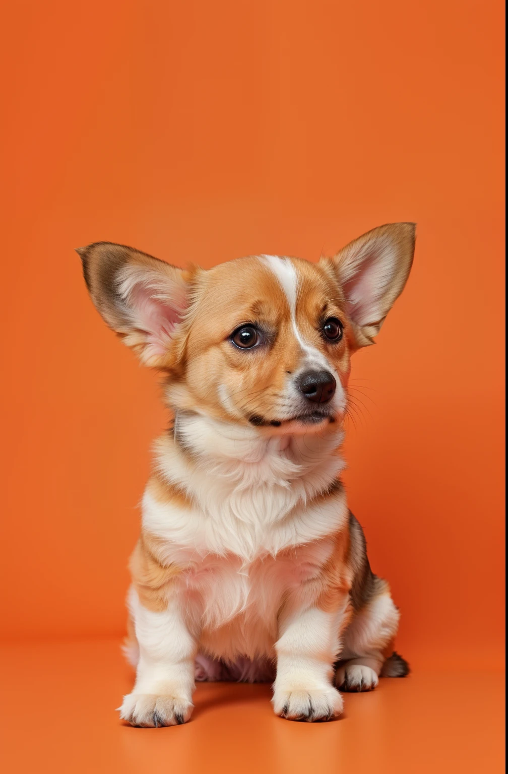 A small dog sits on an orange surface, Cute Corgi, Cute ears, dog ears, large ears, cute dog, High quality wallpapers, small ears, close up portrait shot, puppy, Shavka, corgi, fluffy ears, portrait shot, Cute animal, with pointed ears, pointed ears, large ears, long ears, in front of an orange background