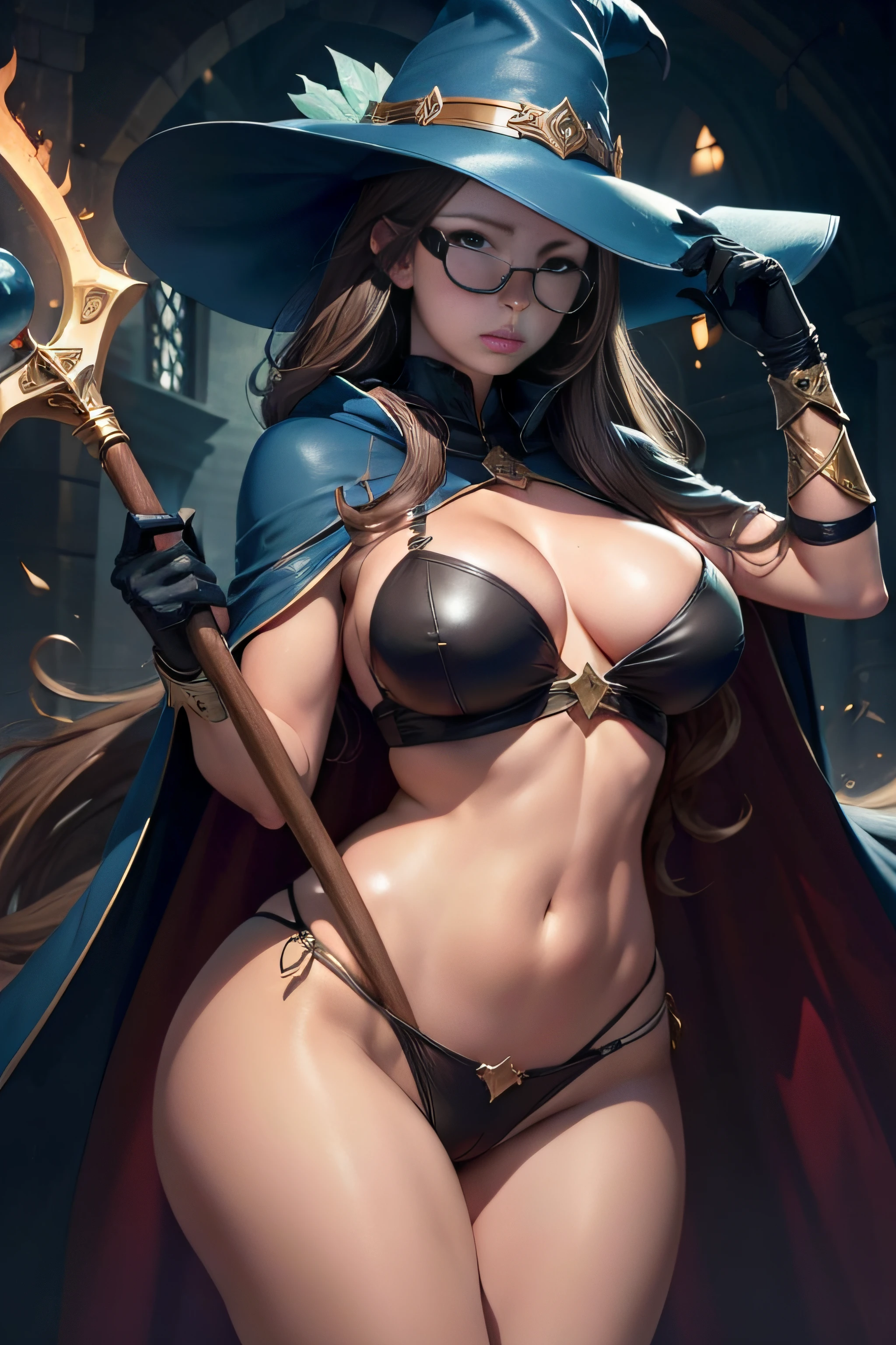 liv morgan a very beautiful animated sexy woman with a large hat and large wings with a staff, 1girl, breasts, hat, witch hat, solo, long hair, green eyes, glasses, staff, huge breasts, big tits, supple , sexy legs, sexy hips, beautiful face, hannahowo, edgOrgasm, face focus, edgOrgasm_face, Maximoff, cleavage, cape, gloves, helmet, brown hair, blue eyes