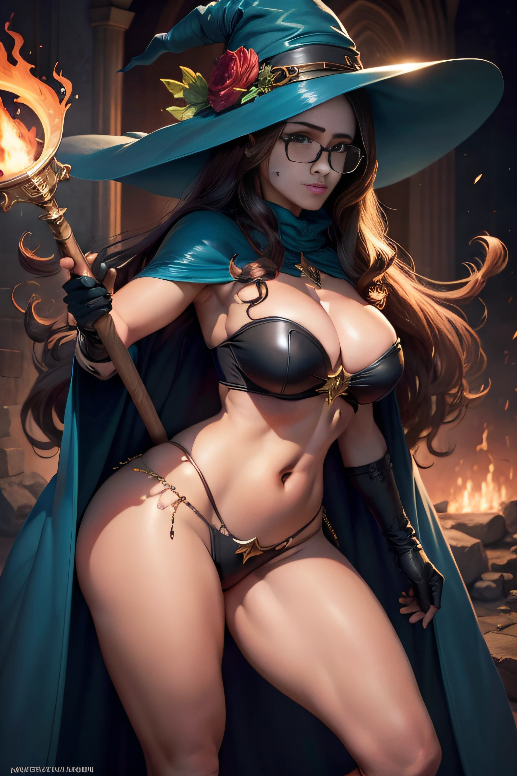 salma hayek a very beautiful animated sexy woman with a large hat and large wings with a staff, 1girl, breasts, hat, witch hat, solo, long hair, green eyes, glasses, staff, huge breasts, big tits, supple , sexy legs, sexy hips, beautiful face, hannahowo, edgOrgasm, face focus, edgOrgasm_face, Maximoff, cleavage, cape, gloves, helmet, brown hair, blue eyes