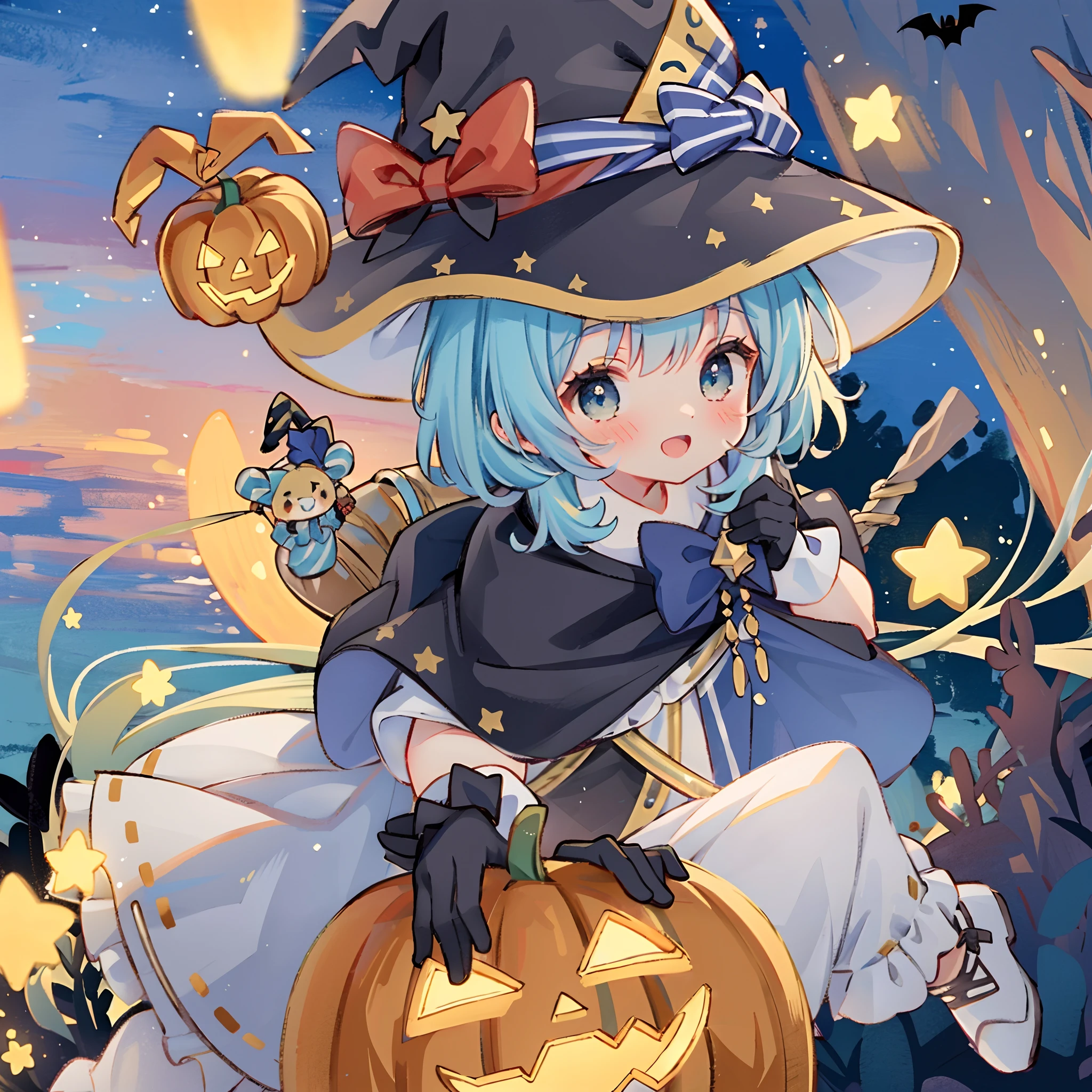 ((masterpiece:1.2, best quality)), 1girl, solo, (witch hat), a close up of a girl with curly hair, dress, aurora, night, star (sky), gloves, sky, dress, night sky, open mouth, starry sky, light blue eyes, ribbons, smile, cape, colorful hair, magic, casting spell, night, (impressionism:1.4), alphonse mucha, Halloween colors, colorful candy, magical lights, pumpkins, candies