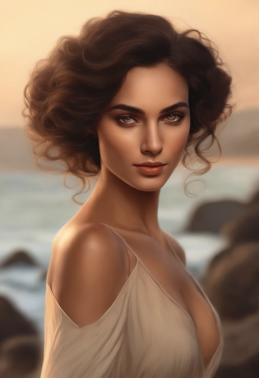 crie um desenho digital sobre Anne, A remarkable young woman with physical features that evoke an exotic beauty and an aura of mystery. His hair is of the deepest darkness, um preto que brilha como a meia-noite sob a luz da lua. Eles caem em longas mechas lisas. Anne's skin is richly tanned, reminiscent of the golden hue found in the Indians. She has delicate facial features, with slightly protruding cheekbones and almond-shaped eyes that carry an intense depth in their darkness. His arched eyebrows give him an expression of constant determination, while his lips are vermlehados and usually curved in a wry and enigmatic smile. The body is slender with medium breasts and large ass, She dresses in practical clothes for the sea, but which also enhance its singular beauty. Her outfit is a mix of earthy tones that make her blend in with the surrounding natural landscape.