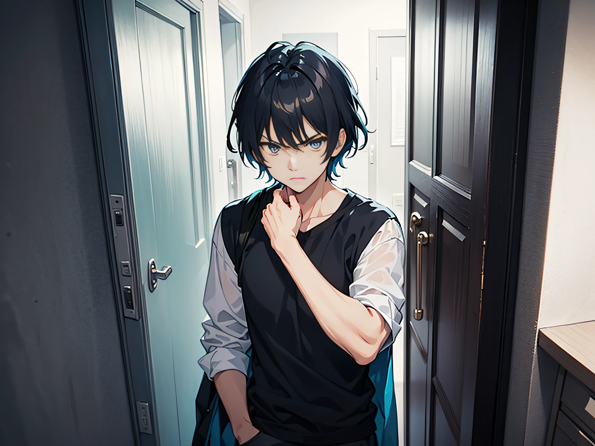 A handsome boy。Upper body face，Black color hair。blue color eyes，Standing in the doorway，The expression is cold，Angry anime illustration，A 4K ultra-clear masterpiece