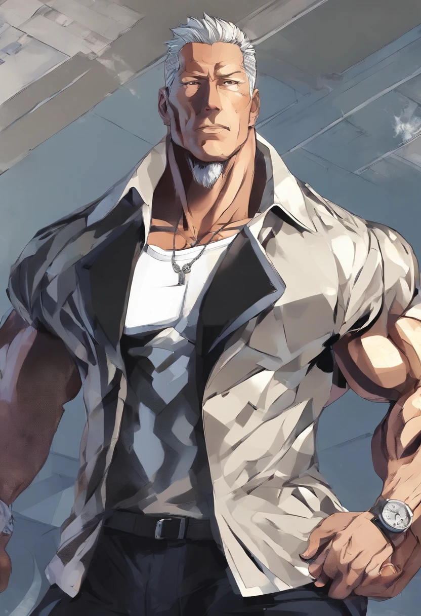 There is a man playing electric guitar on the stage, gigachad muscles, wearing a dull navy trench coat, wearing black shirt as inner, muscular men , male art, eric clapton, Commission for high resolution, Very heavy vignette!!!,hard ,Nothing is worn, Spotlight, slight laugh,veiny muscles,,shaggy lumpy body,Silver Plate Tag Necklace,Dad with extreme muscle mass,Black little long shaved side hair,Cropped beard face,Around 50 years old,tanned brown skin,ultra-detailliert,High quality,Realistic and smooth skin texture,Photorealistic Dandy Guy,Light and shadow