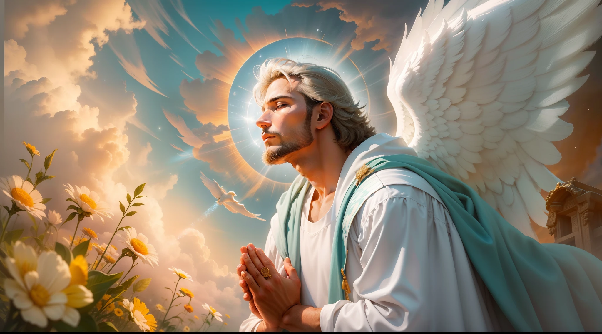 Closeup of an image of a man angel praying and blessing, arcanjo homem com asas grandes, o anjo da fortuna, perfeito, Reslistic, Biblical setting, celestial scenery, sol e nuvens ultras realistas, flores e velas, illuminated archangel of heaven, Passes in the background, flores coloridas, velas acesas