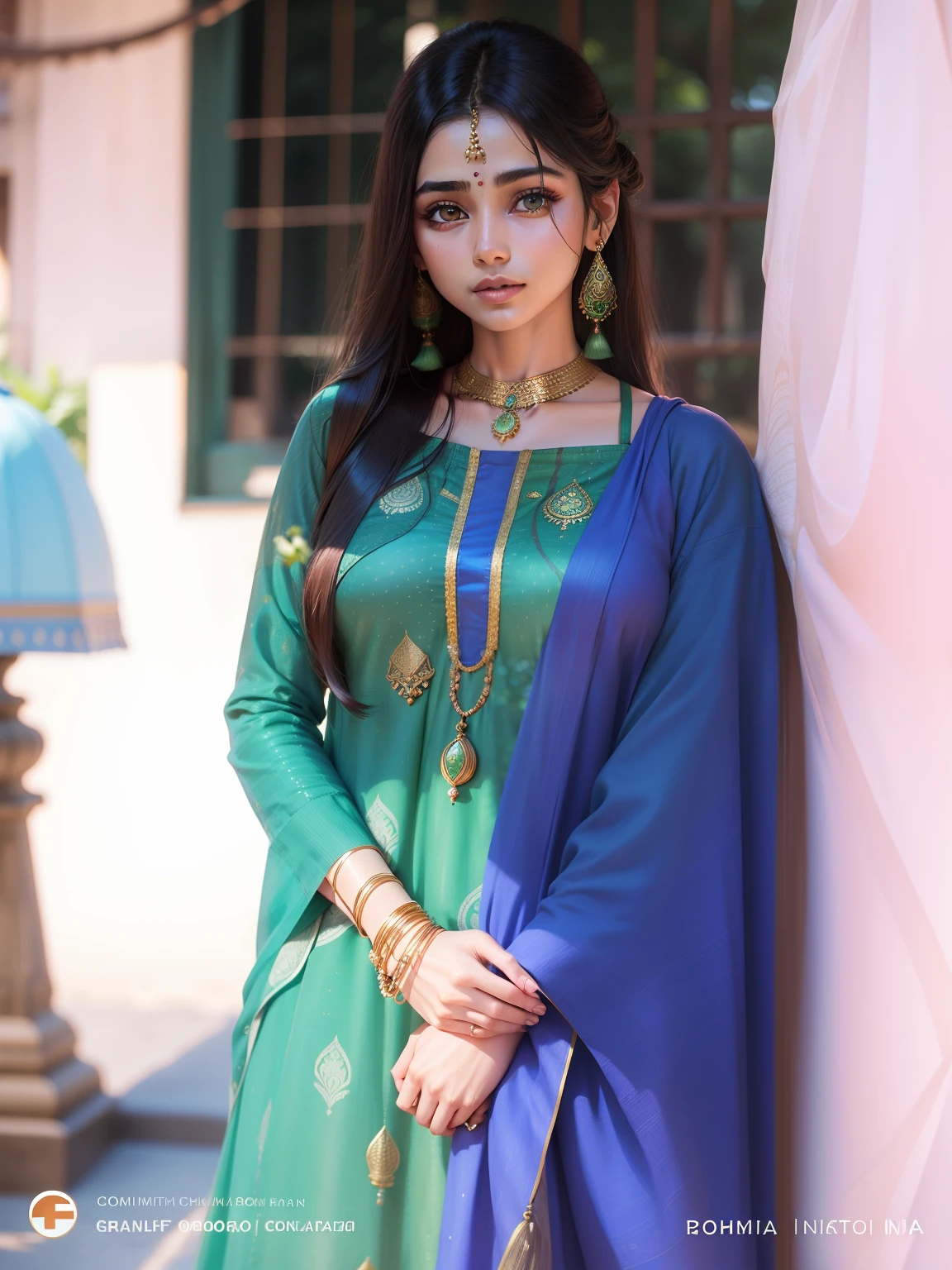 A beautiful grile ,india wear , Indian queen, beautiful eyes, neck pendant, a green kurta , brown shainy hairs, silky hair, green tree background, sony , canon, f.1.4, nikon bokhe , blur , futuristic, realistic, daylight,realface
